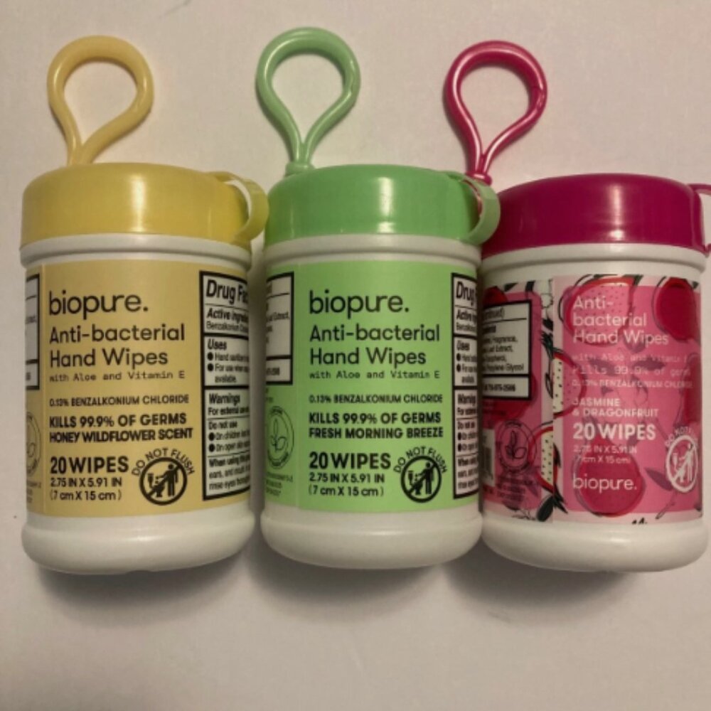 3 Biopure Antibacterial Travel Size Hand Wipes Keychain(Honey W,M Breeze,Jasmine